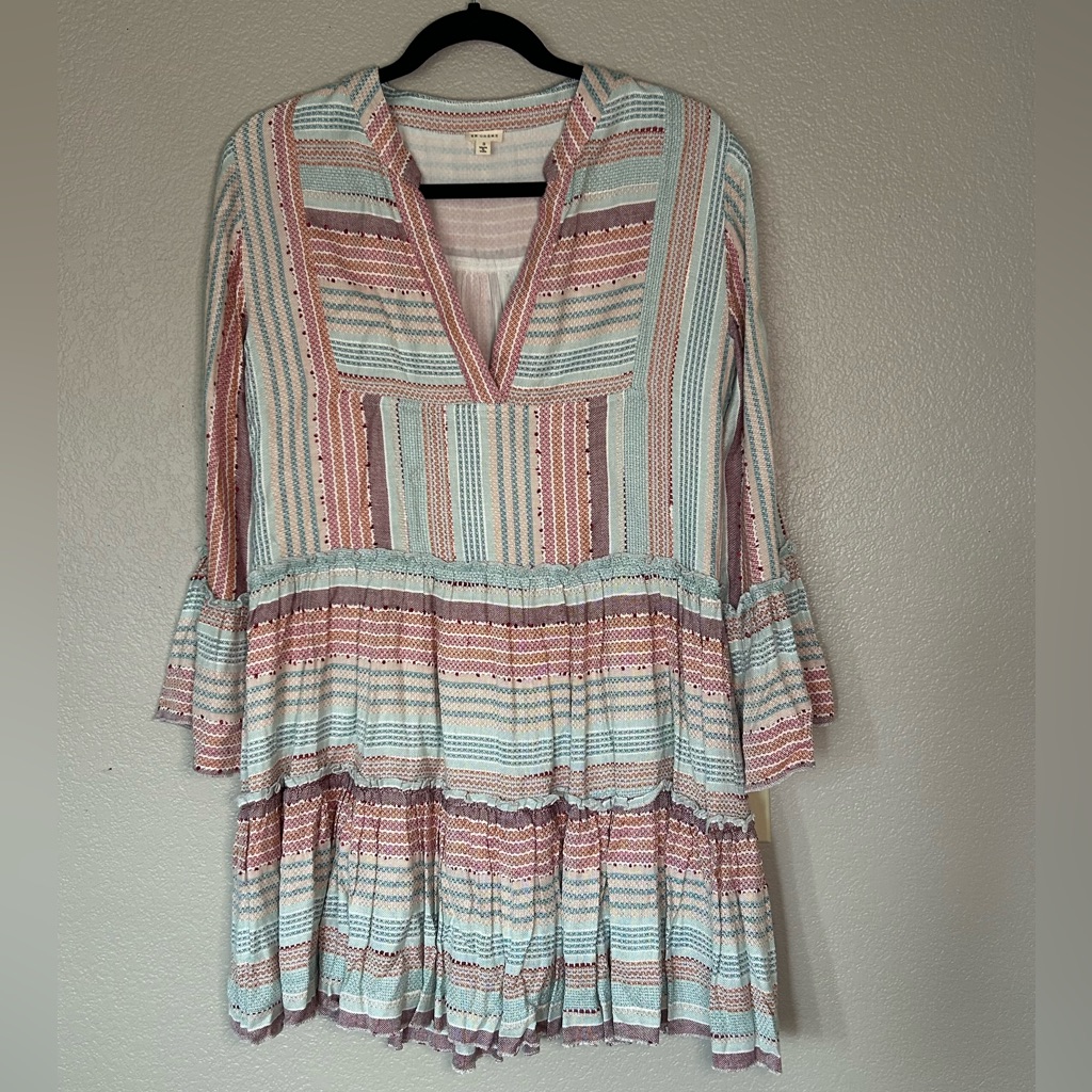 En Creme 'Ezzy' Tiered Baby Doll Mini Boho Woven Beach Festival Flowy Dress Sz S